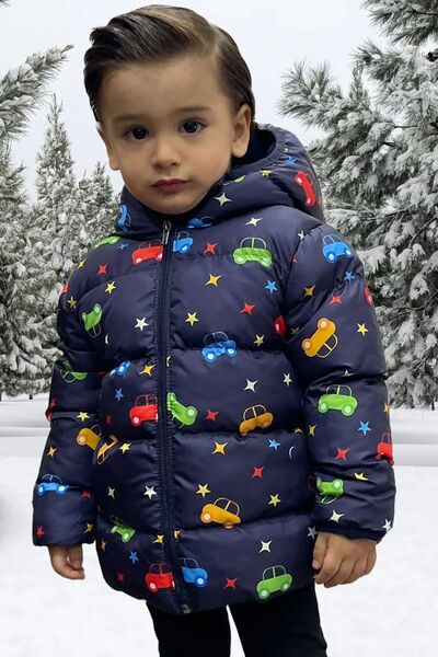 freemen Boy's Fleece Hooded Car Star Moon Patterned Winter Puffer Jacket & Coat & Parka