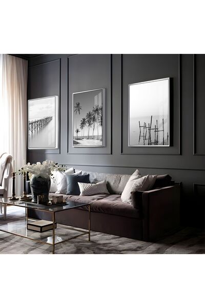 Harikabirev HARİKABİREV | COMBINAT PALMĂ&LAZĂNE BLACK-WHITE | TABLO DE STICLA CU CADRU 3 PIESE VERTICAL