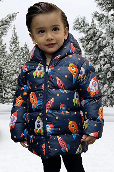 freemen Erkek Çocuk Polarlı Kapüşonlu Roket Desenli Kışlık Şişme Mont & Kaban & Parka