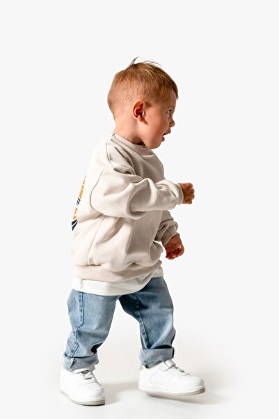 Jikko Baby Baskılı Sweatshirt Kot Pantolon 3'lü Bebek Çocuk Takımı 9039
