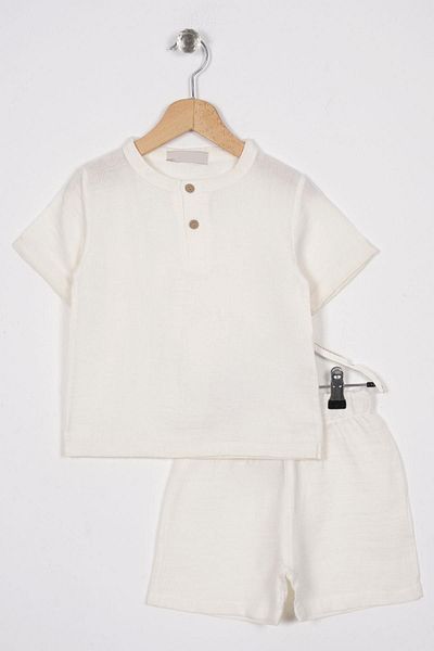 zepkids Crew Neck Short Sleeve Crew Neck Button Detailed Short Sleeve Ecru Color Boy's Suit