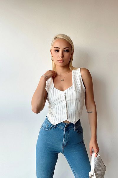 bacc Women's White V-Neck Buttoned Striped Crop Vest Bctl- 233395