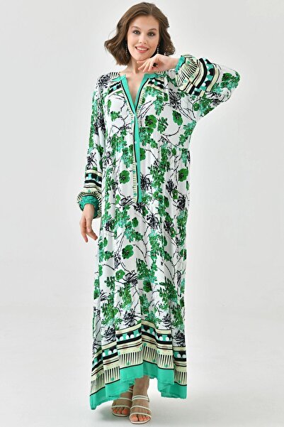 bacc Dámský zelený límec soudce se vzorem na půl knoflíku vpředu dlouhé viskónové tkané hidžábové šaty Bc 241150