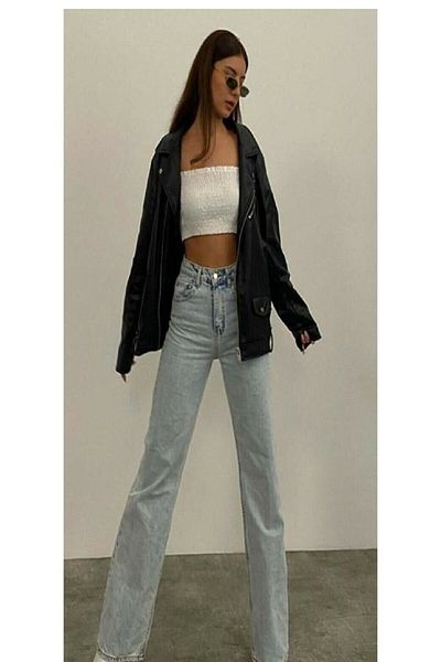 DRC trend Anii '90 Light Snow Wash Lycra Blugi largi cu talie super înaltă Pantaloni Palazzo