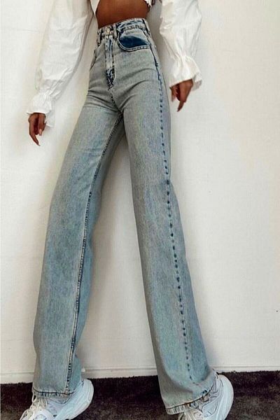 DRC trend Anii &#39;90 Blue Snow Wash Power Lycra Pantaloni largi cu talie super înaltă, blugi Palazzo