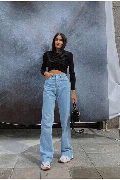 DRC trend Lycra de damă, albastru zăpadă, cu talie super înaltă, blugi largi, blugi, pantaloni palazzo