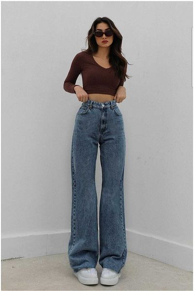 DRC trend Taiti Lycra Blugi de damă largi, albaștri, cu talie super înaltă, pantaloni largi din denim