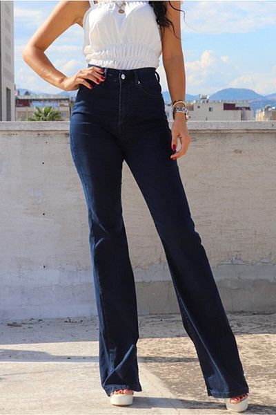 DRC trend Blugi spanioli cu talie înaltă albastru închis - Pantaloni spanioli de denim pentru femei