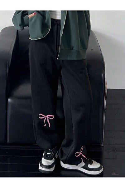 Mythologie Ribbon Bow Sweatpants Jogger - Black Printed Elastic Leg High Waist