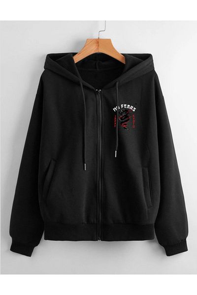 Mythologie No Fears Thick Cardigan - Μαύρη εμπριμέ καλοκαιρινή υπερμεγέθη ζακέτα με κουκούλα και τσέπη με φερμουάρ