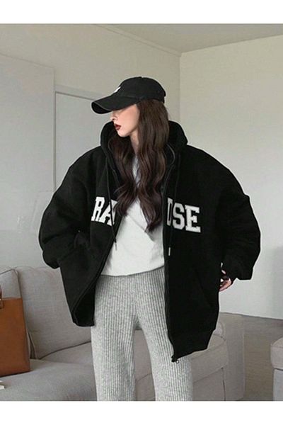 Mythologie Ζακέτα Paradise Black Printed Oversize - με κουκούλα και φερμουάρ