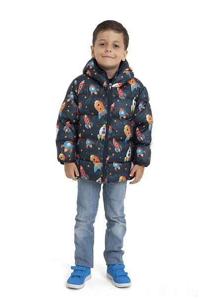 Montland Boy's Fleece Hooded Rocket Patterned Winter Puffer Jacket & Coat & Parka