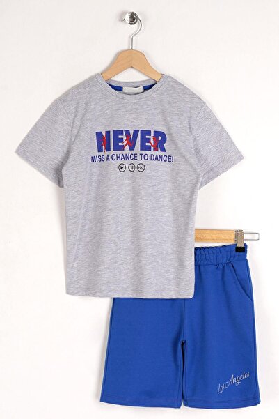 zepkids Crew Neck Short Sleeve Never Stop Smiling Printed Gray Melange Color Boy Capri Suit