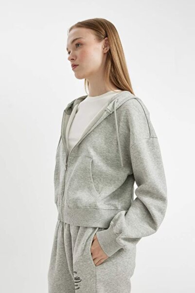 DeFacto Grey Melange Hooded Zippered Coool Sweatshirt - Standard Fit