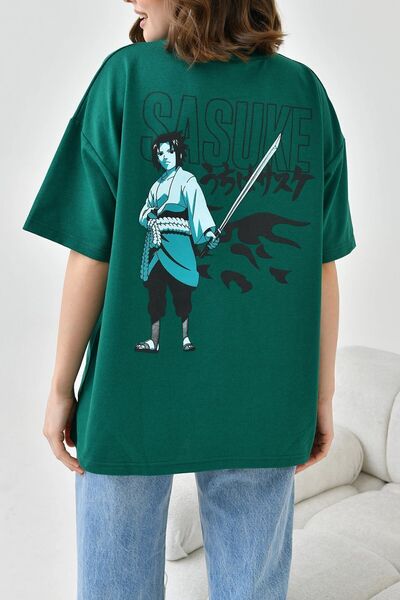 bacc Πράσινο μπλουζάκι Oversize - Λαιμόκοψη ποδηλάτου, στάμπα στην πλάτη, δύο κλωστές Bc 241126