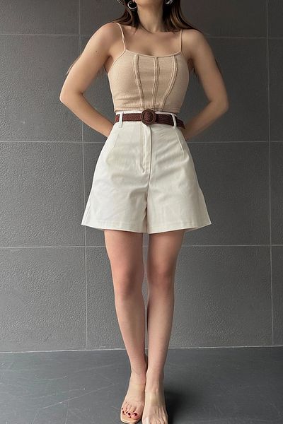 bacc Women's Ecru Wide Leg Mom Shorts with Belted Waist Bcdf- 233305