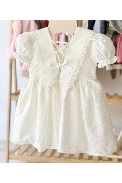 Mylittlekidsstore Λευκό Scallop κοντομάνικο γιακά λεπτομερές φόρεμα για κορίτσια