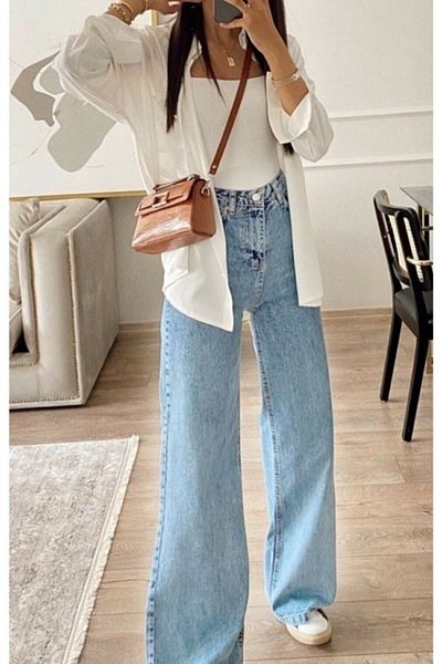 DRC trend Blue Lycra cu talie super înaltă, blugi largi, pantaloni Palazzo