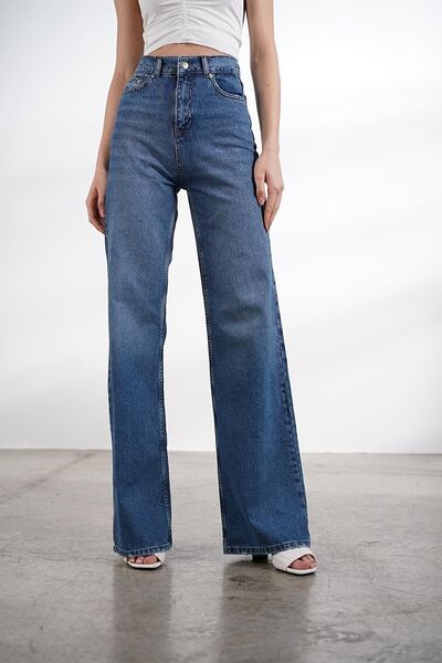 DRC trend Licra albastru mediu cu talie super înaltă Blugi largi Pantaloni pa...