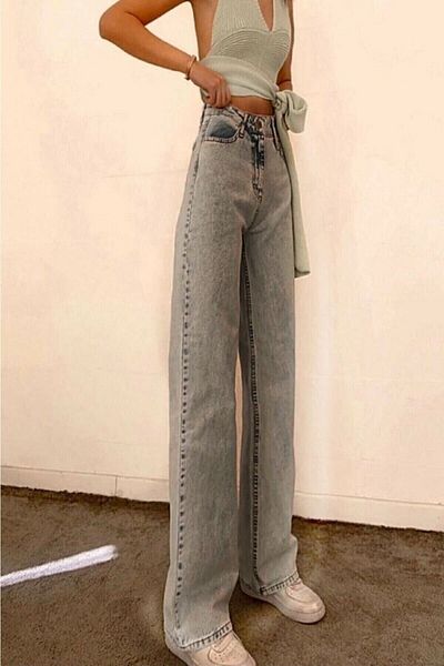 DRC trend Anii &#39;90 Blue Snow Wash Power Lycra Pantaloni largi cu talie super înaltă, blugi Palazzo