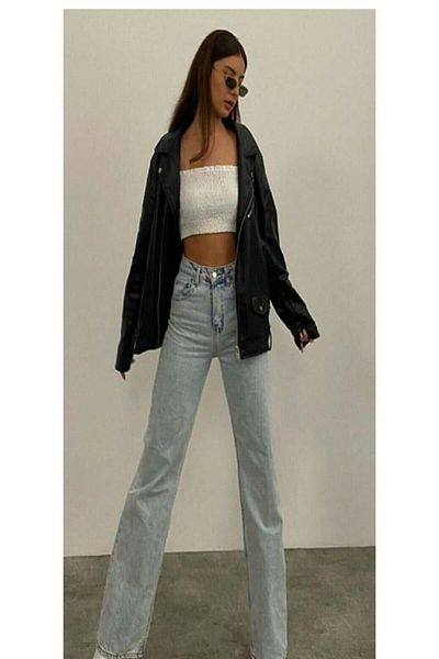 DRC trend Anii &#39;90 Blue Snow Wash Power Lycra Pantaloni largi de blugi cu talie super înaltă Palazzo