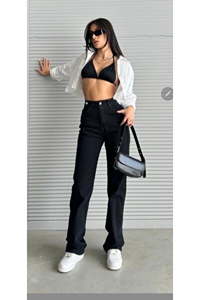 DRC trend Blugi negri cu talie super înaltă din denim lycra - pantaloni Palazzo