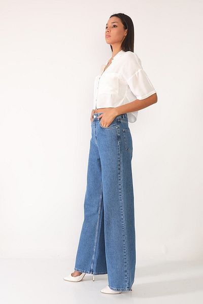 DRC trend Blugi largi, albastru mediu, drept Lycra, cu talie înaltă, pantaloni Palazzo