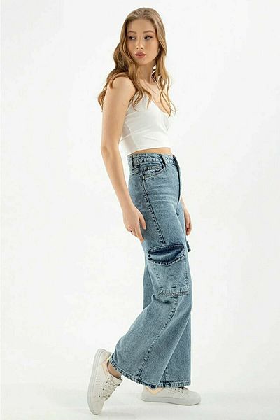 DRC trend Miyamisu Power Lycra pentru femei - Buzunar cargo mediu, talie super înaltă și blugi cu picioare largi Pantaloni Palazzo