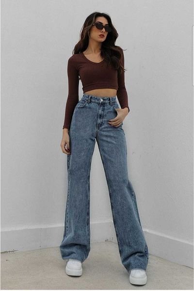 DRC trend Pantaloni largi de blugi din lycra albastru Carmen anii 90 cu talie super înaltă