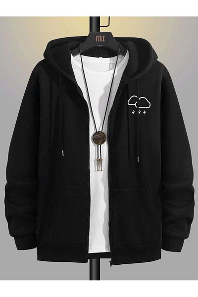 Mythologie Bulut Logo Thick Cardigan - Μαύρη εμπριμέ καλοκαιρινή ζακέτα με φερμουάρ με κουκούλα