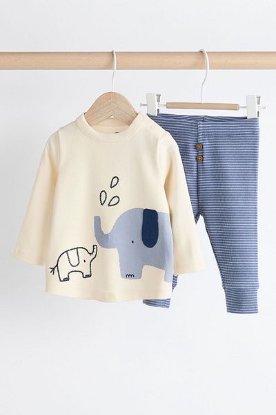 Next Baby Cotton Blue Elephant Patterned Long Sleeve Bottom Top Set