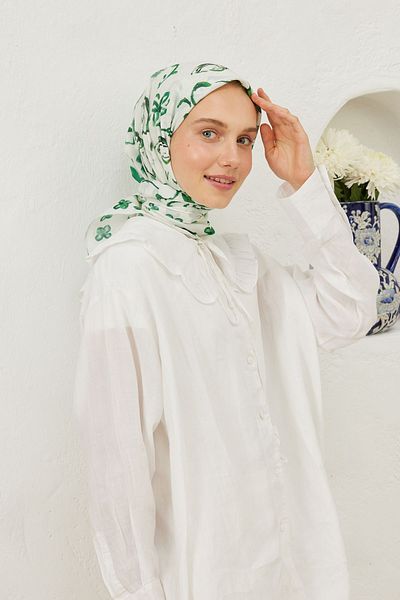 Fresh Green Patterned Cotton Voile Scarf