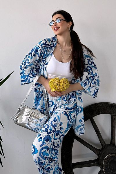 bacc Light Blue Patterned Women's Trousers and Kimono Set - Crinkle Fabric Bcdf-241201