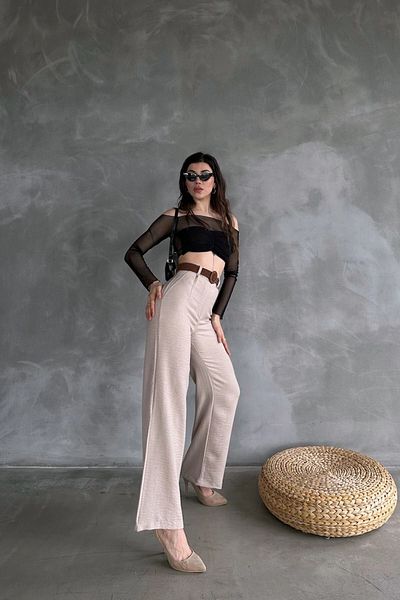 bacc Women's Beige Waist Belted Linen Trousers Bcdf- 241103