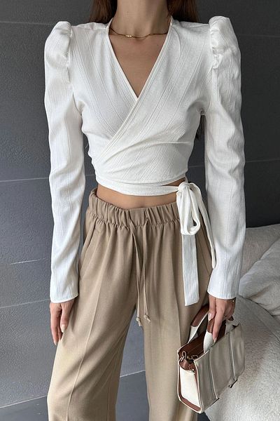 bacc Women's White Double Breasted Neck Waist Belted Crop Blouse Bcdf- 242108