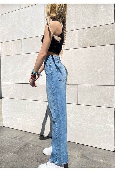 DRC trend Blugi Ricra cu talie înaltă largi, albastru mediu, din denim