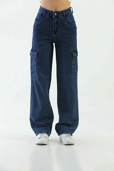 DRC trend Pantaloni palazzo Jans Denim, cu talie super înaltă, cu buzunar cargo, albastru închis pentru femei