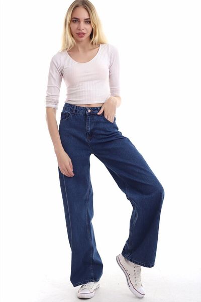 DRC trend Vandanara Lycra Blugi de damă, albastru închis, cu talie super înaltă, pantaloni largi din denim