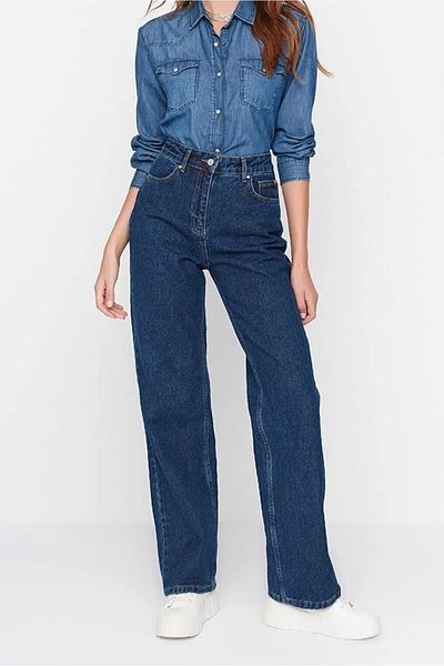DRC trend Pantaloni de damă Elena Power Lycra, albastru închis, cu talie super înaltă, cu picior largi, Jans Denim Palazzo