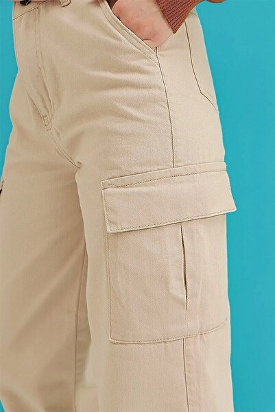 DRC trend Latte Beige Cargo Loose No Back Pocket Lycra Super High Waist Jean Trousers