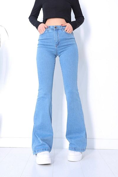 DRC trend Spaniole Femei Blue Flare Leg Denim Pantaloni cu talie înaltă Spaniol Jeans Gatherer