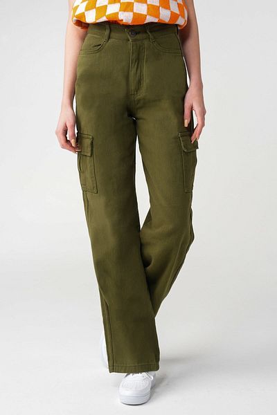 DRC trend Pantaloni de jeans cu talie super înaltă din lycra, largi la spate, kaki