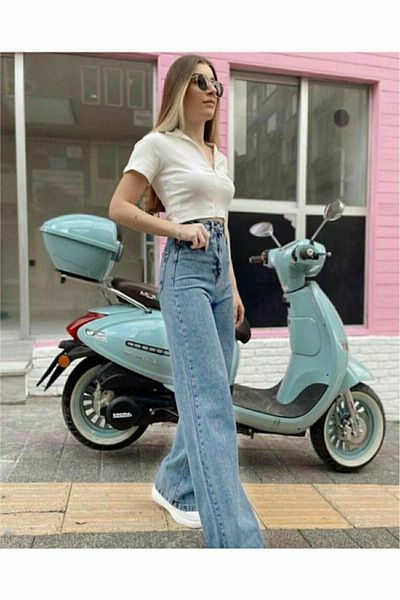 DRC trend Tess Indigo 90's Loose Lycra - Pantaloni Palazzo cu talie super înaltă și blugi cu picioare largi