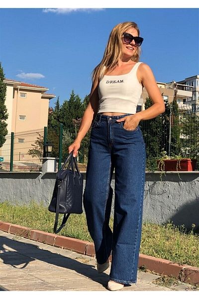 DRC trend Maya Deep Blue - Lycra anilor 90, blugi largi cu talie super înaltă Pantaloni Palazzo
