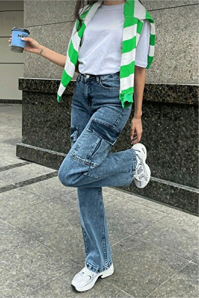 DRC trend Iza Μεσαίου Μπλε Χιονισμένο Πλύσιμο Cargo Άνετο Χωρίς Πίσω Τσέπη Λάικρα Τζιν Παντελόνι