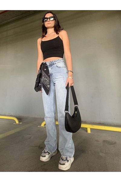 DRC trend Pantaloni largi din Lycra cu talie super înaltă Jean Palazzo - Ice Snow Wide Leg