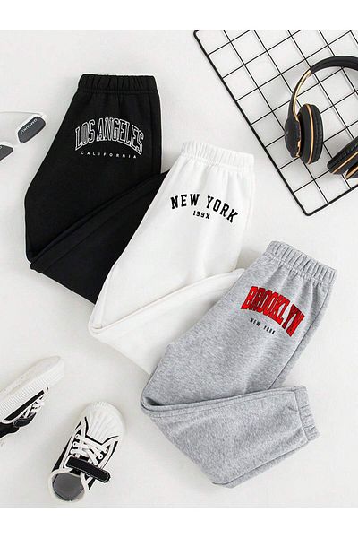 Mythologie 3-pack La 199x Brooklyn printed Jogger Sweatpants - Μαύρο Λευκό Γκρι Καουτσούκ Πόδι Ψηλόμεσο Καλοκαίρι
