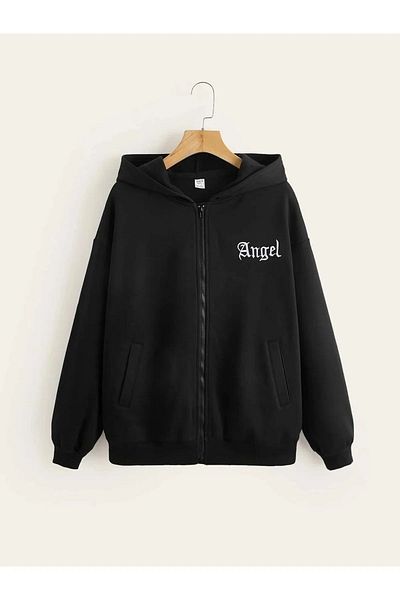 Mythologie Angel Written Thick Cardigan - Μαύρη εμπριμέ καλοκαιρινή υπερμεγέθη ζακέτα με κουκούλα και τσέπη με φερμουάρ