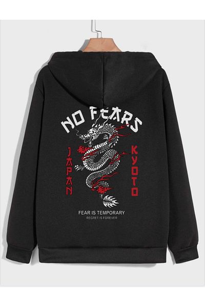 Mythologie No Fears Thick Cardigan - Μαύρη εμπριμέ καλοκαιρινή υπερμεγέθη ζακέτα με κουκούλα και τσέπη με φερμουάρ