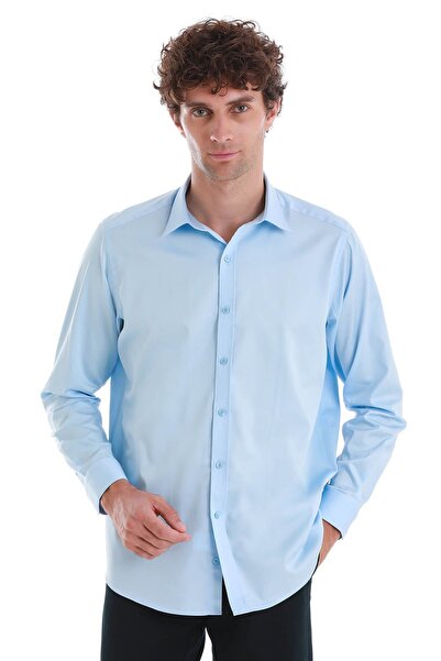 Hatemoğlu Blue Classic Fit Plain 100% Cotton Slim Collar Long Sleeve Satin Shirt